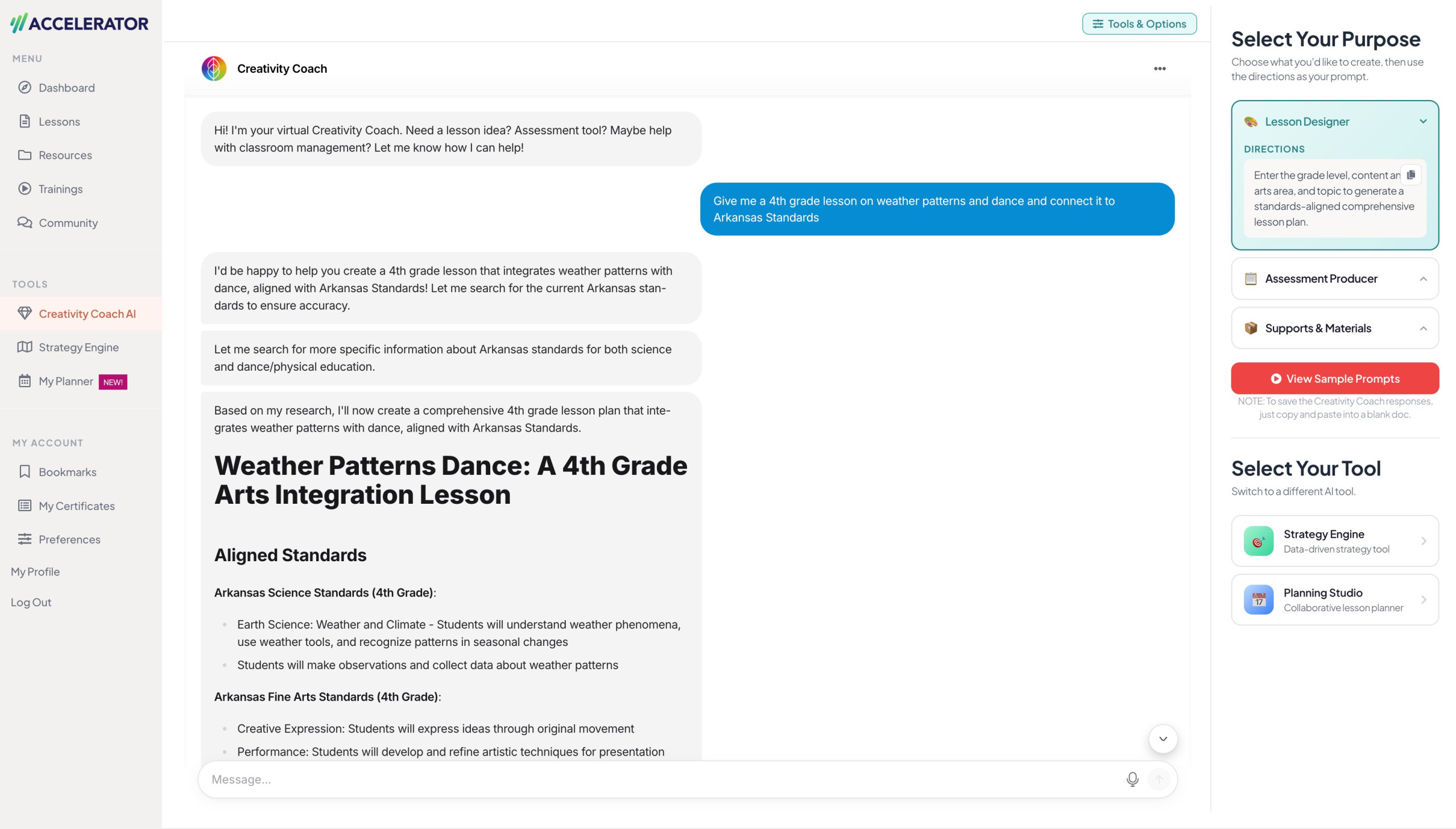 AI Creativity Coach for generating arts integration lesson plans