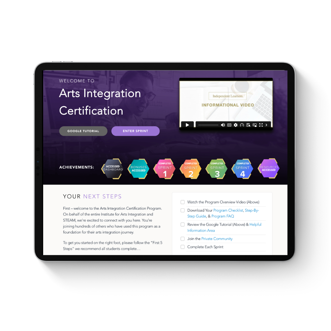 The Arts Integration Certification dashboard on a tablet